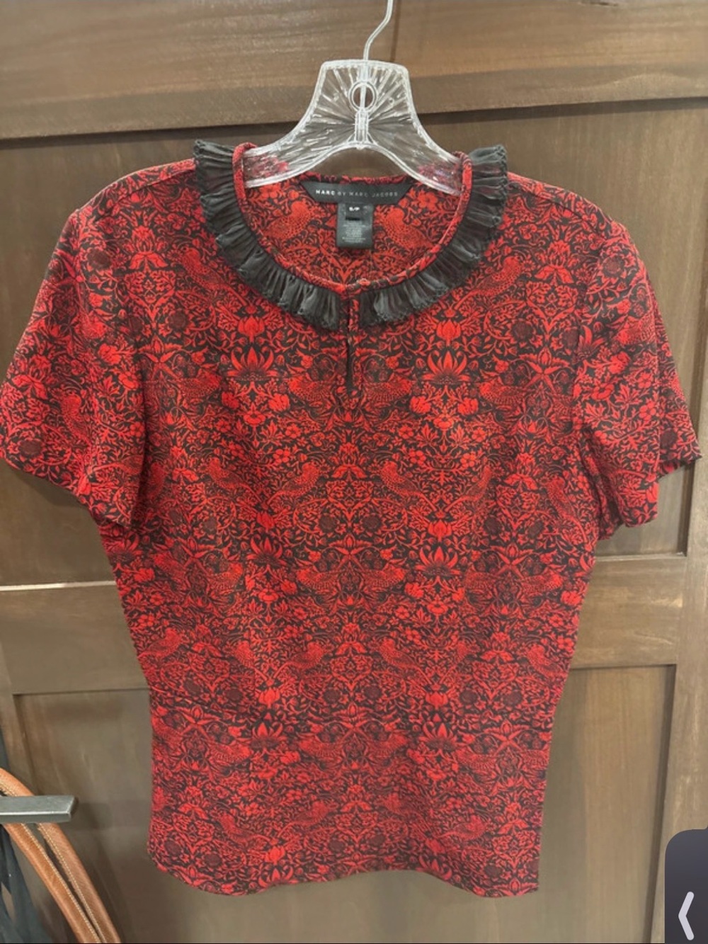 Marc by Marc Jacobs Red and Black Floral Jacquard Short Sleeve Top